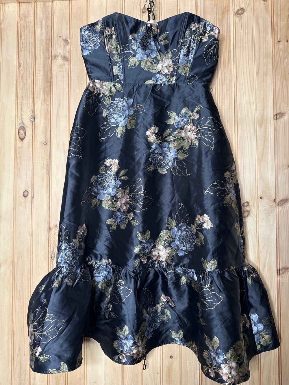 NWOT Lulus Sz XL Yashelle Navy Floral Taffeta Strapless Tiered Corset Midi Dress